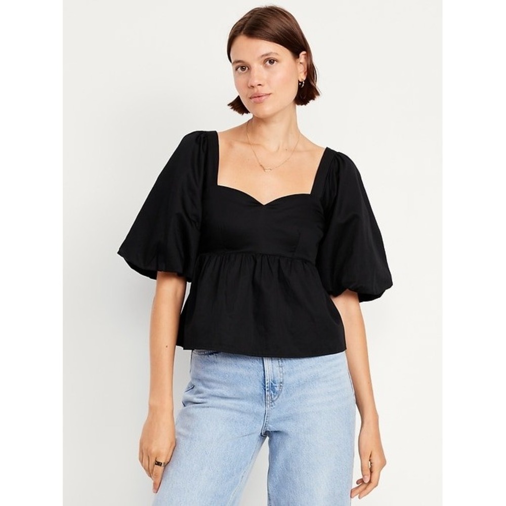 Old Navy Puff Sleeve Babydoll Top Womens L Black Peplum Cotton Cottagecore Boho